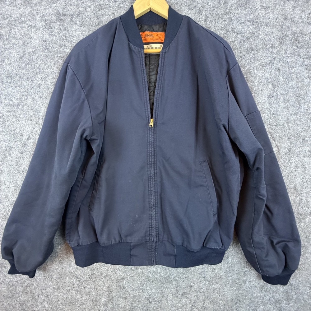 Vintage Cintas Bomber Jacket Mens Large Navy Blue Full Zip Quilt Lined Workwear